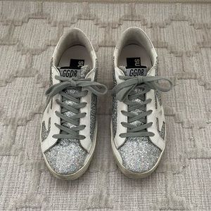 Golden Goose super-star sneaker, size 38, silver glitter with white leather